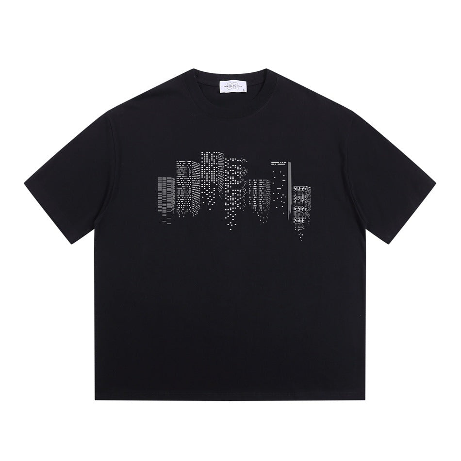 Black short-sleeve crew-neck T-shirt with a dotted city skyline graphic on the chest, flat lay