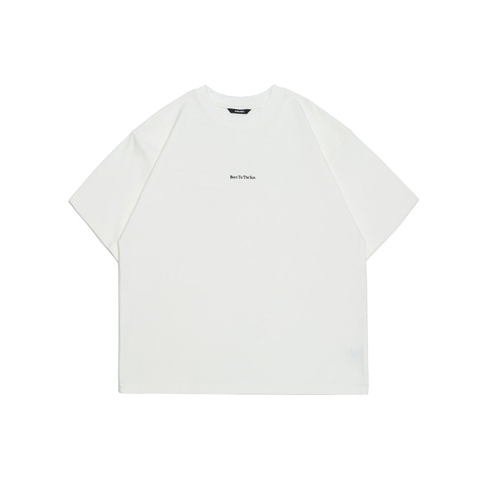 White short-sleeve crew-neck T-shirt, flat front view, small black text print at center chest