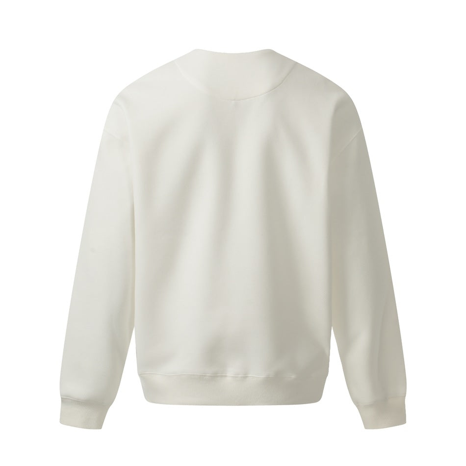 Back view of a plain white crewneck sweatshirt with long sleeves and ribbed cuffs and hem.