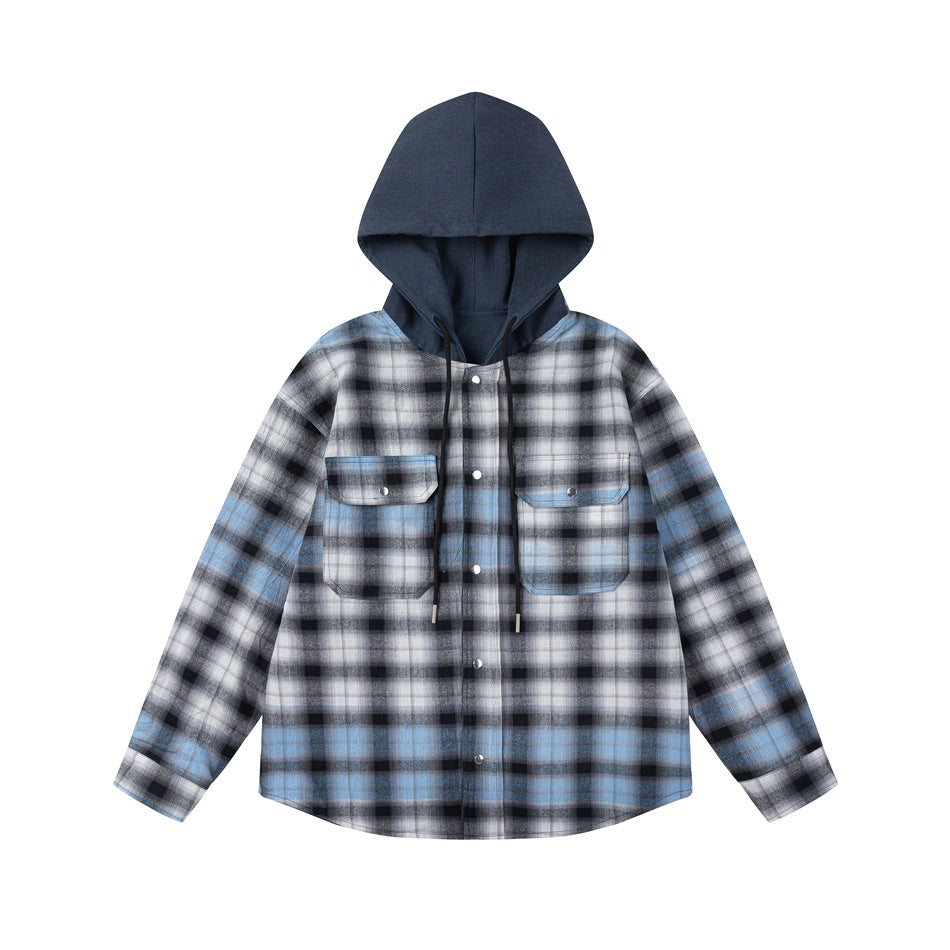 Blue plaid hooded jacket with light blue accents, flap chest pockets, snap front and drawstring hood, flat lay front view