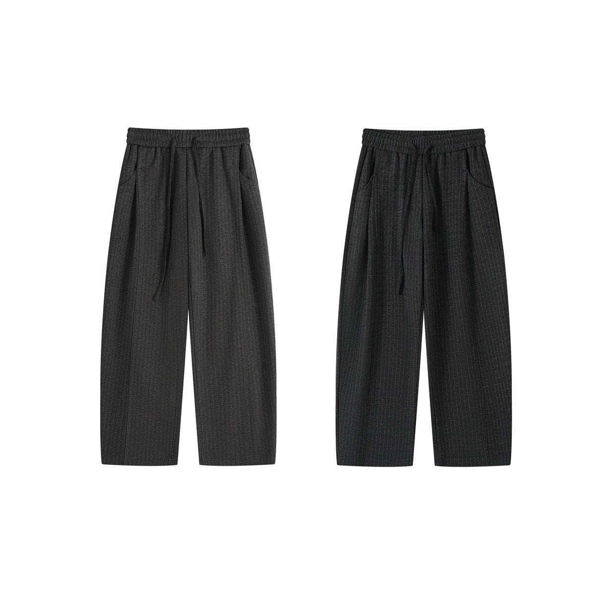Two flat views of charcoal pinstripe trousers: front with pockets and drawstring at left, back at right.