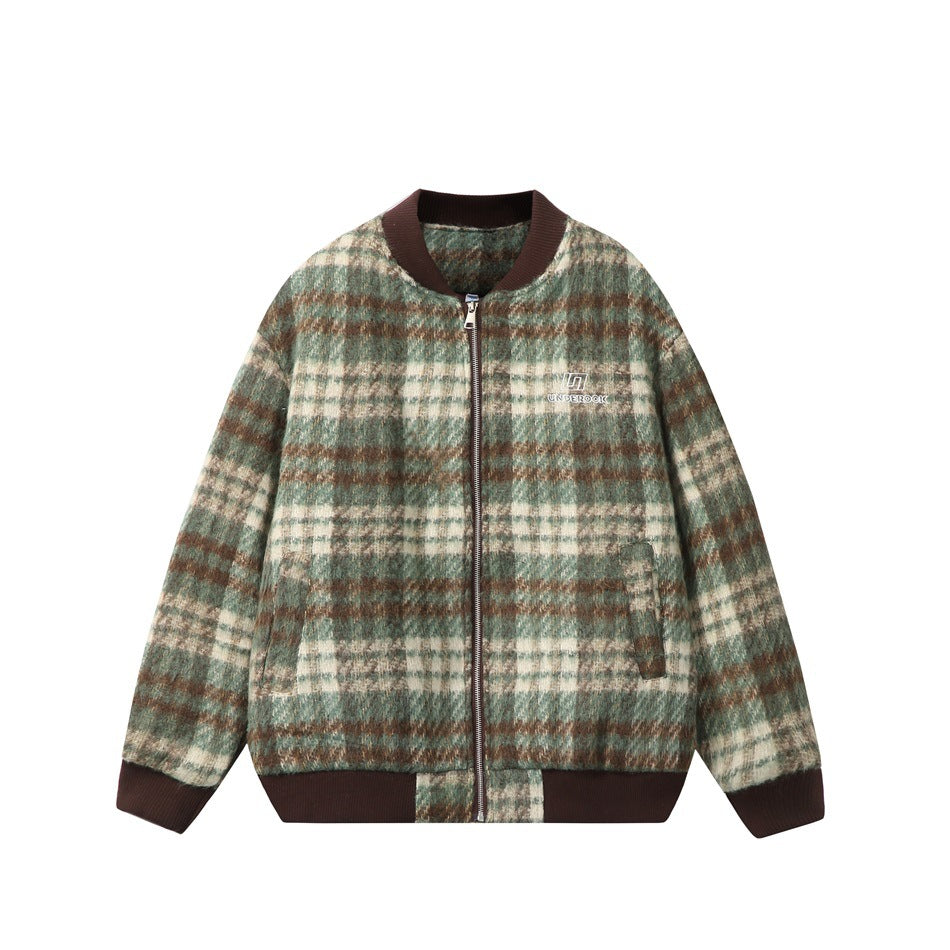 Green, brown and cream plaid bomber jacket with brown ribbed collar, cuffs and hem and front zipper, flat front view