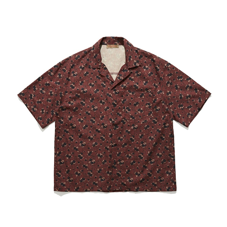 Dark red floral print short-sleeve camp collar shirt, front view flat lay with chest pocket