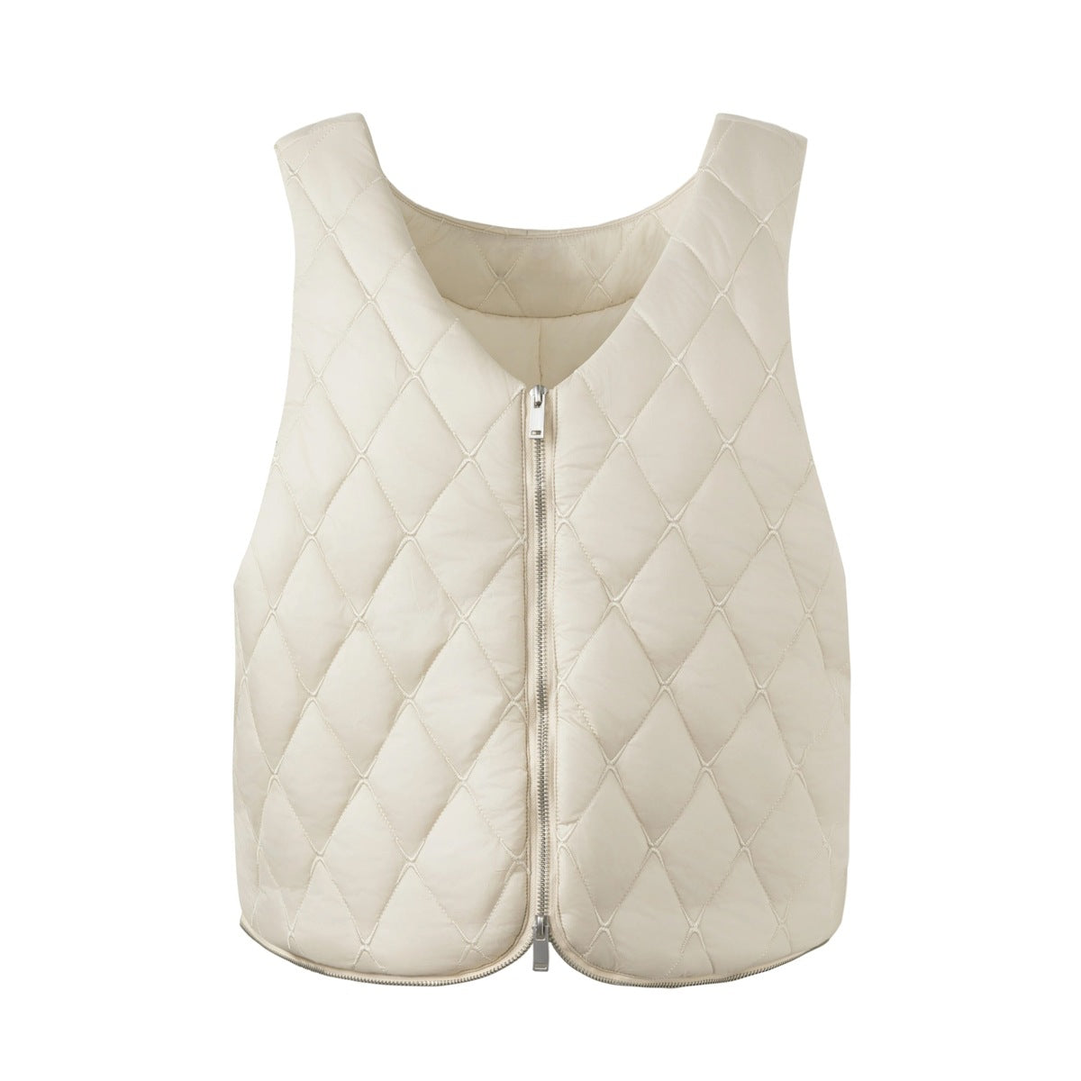 Off-white diamond-quilted sleeveless vest with V-neck and silver-tone front zipper, flat front view
