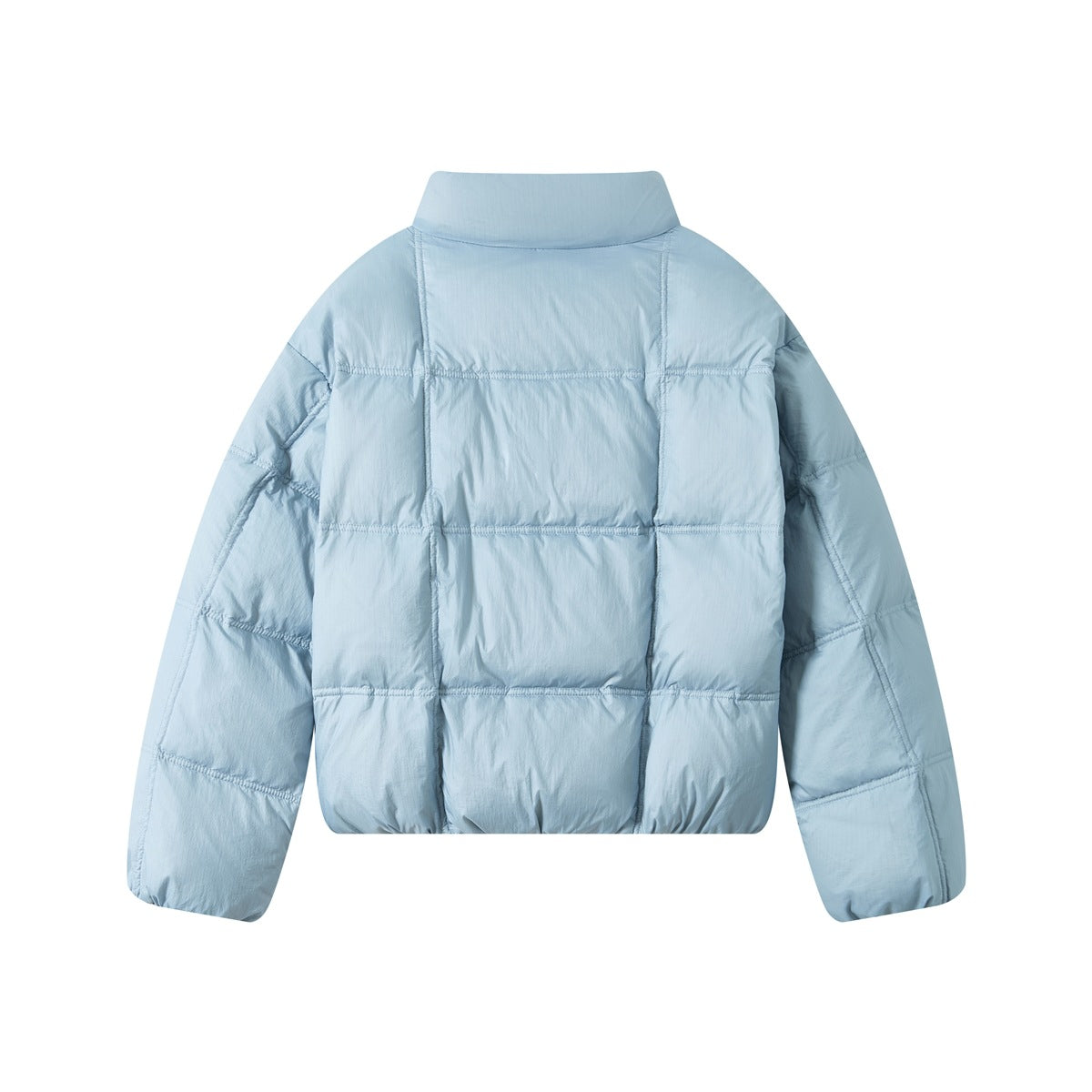 Back view of a pale blue puffer jacket with a tall collar and rectangular stitched panels.