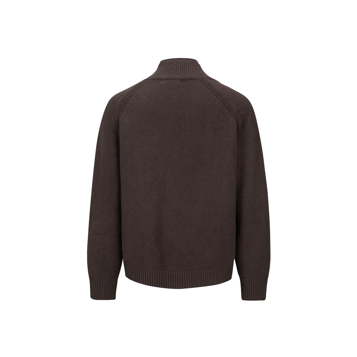 Back view of a dark brown knit cardigan with ribbed stand collar, raglan sleeves, ribbed cuffs and hem