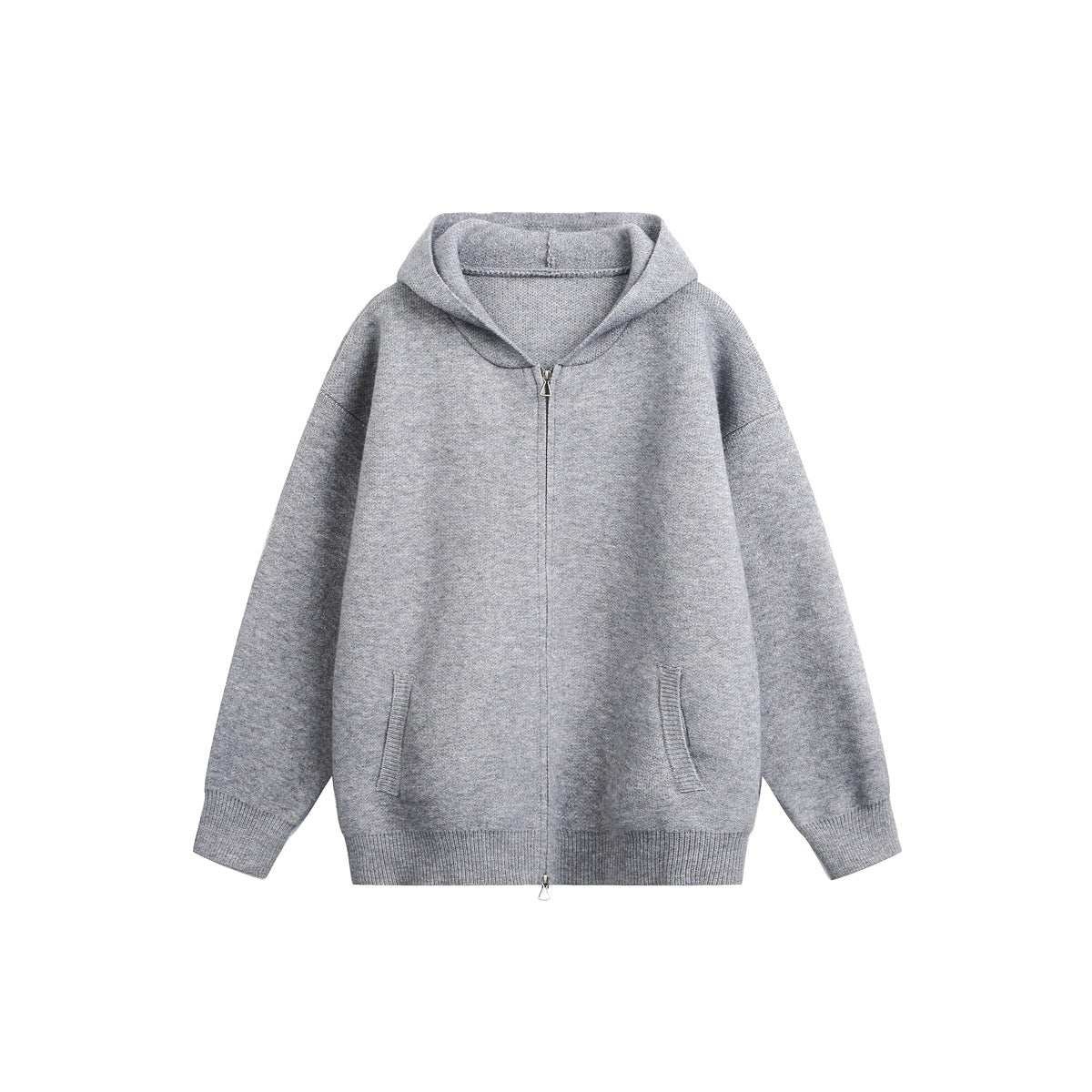 Light gray knit zip-up hooded jacket, flat front view with front pockets and ribbed cuffs and hem
