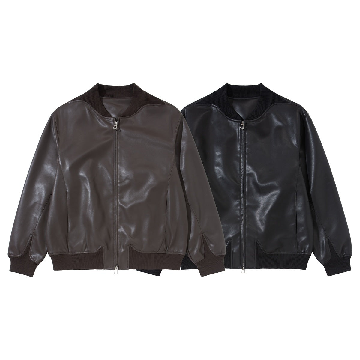 Two front views of zip-up jackets with ribbed trims, in dark brown and black.