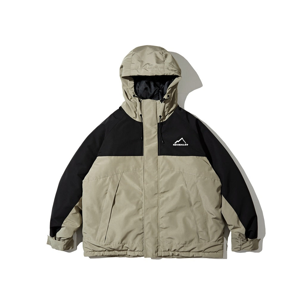 Front view of a taupe and black hooded jacket with a full-length zipper, drawstrings, and two front pockets.