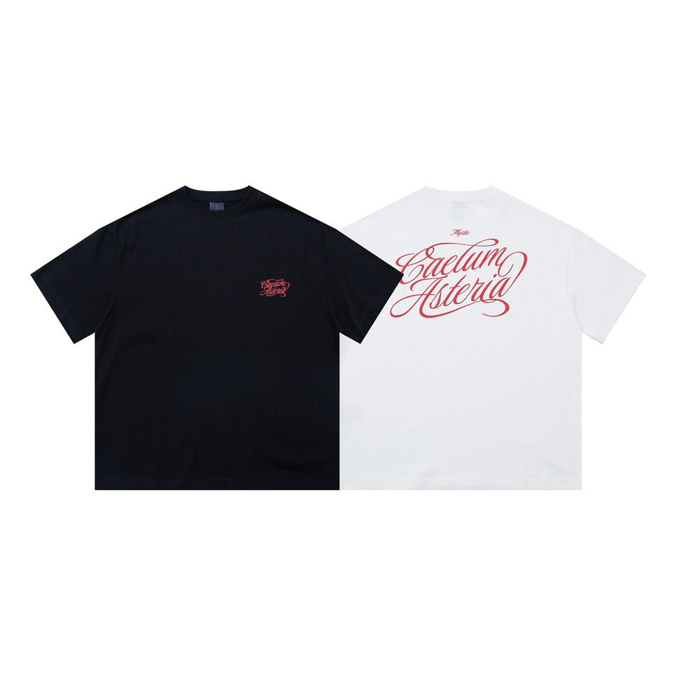 Black T-shirt front with small red chest script beside the white back with a large red script graphic.