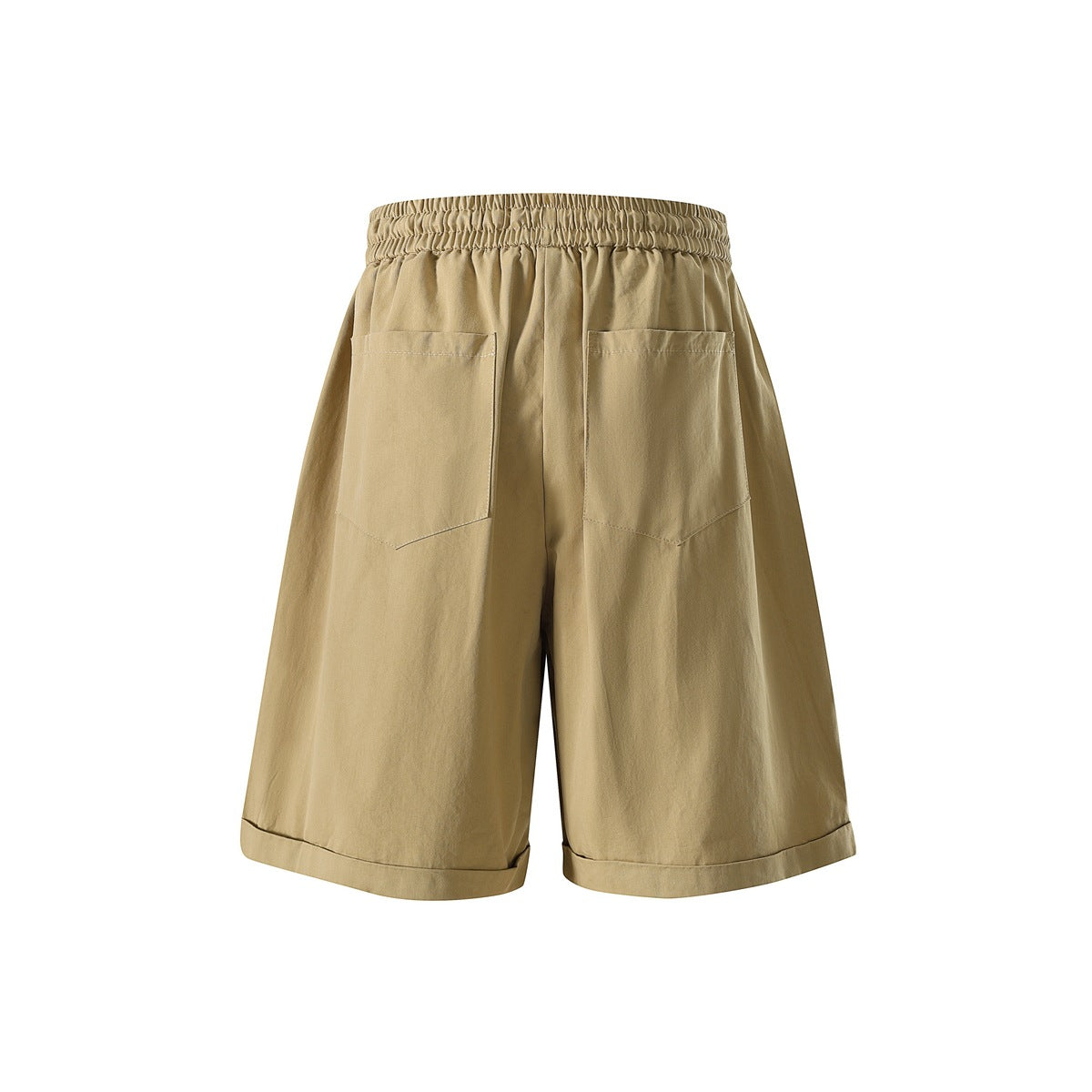 Back view of tan shorts with a gathered elastic waistband, two patch pockets and cuffed hems.