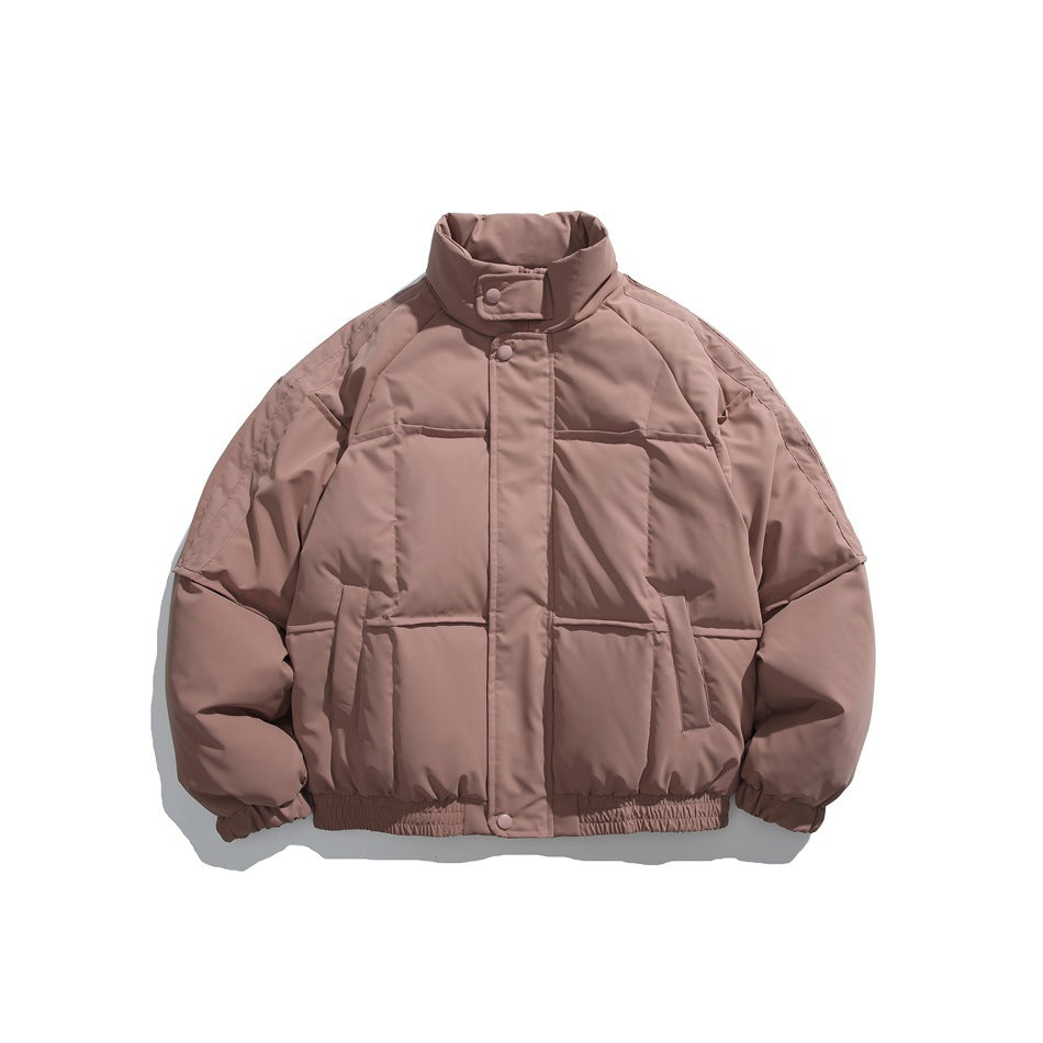 Dusty pink quilted puffer jacket with stand collar, snap tab and elastic hem, flat front view