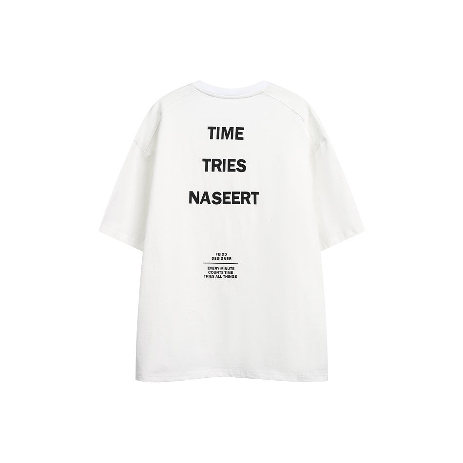 White short-sleeve T-shirt back with black TIME TRIES NASEERT block text print and small text block