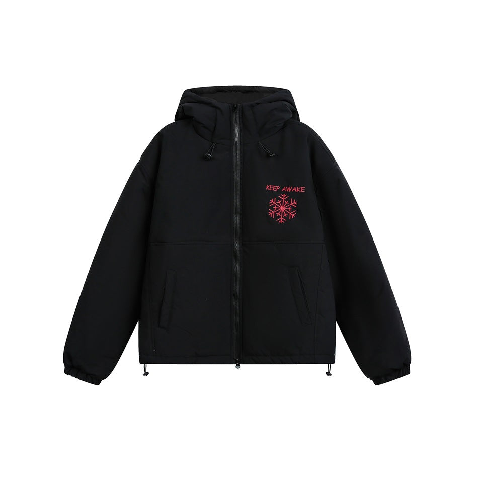 Black hooded zip-up jacket with a red embroidered snowflake and KEEP AWAKE text on the chest, front view