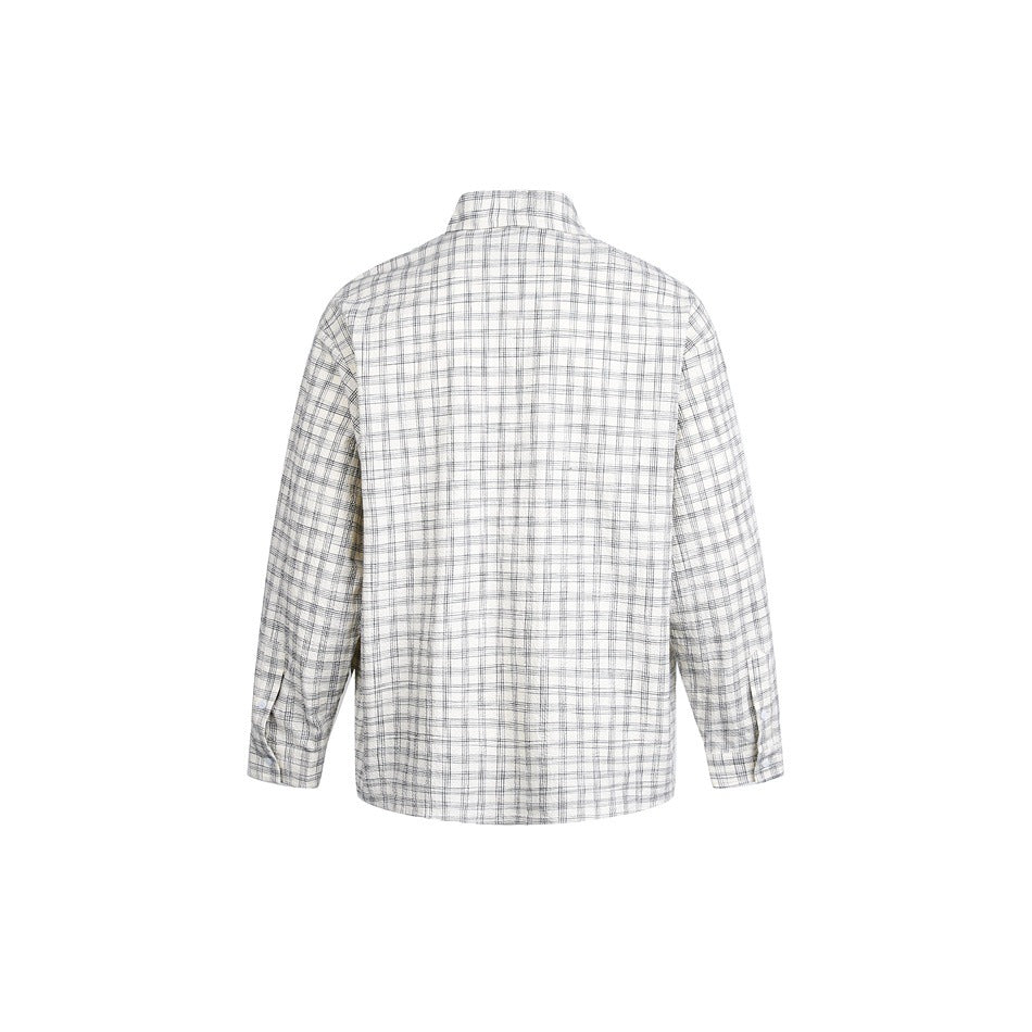 Back view of a long-sleeved white shirt with a fine gray plaid pattern, collar and button cuffs on a white background.
