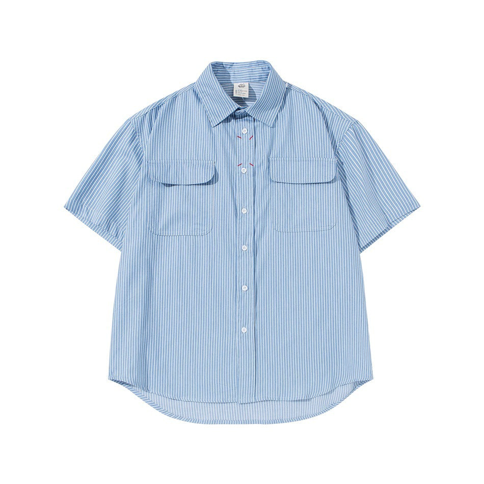 Light blue short-sleeve striped button-up shirt with two flap chest pockets, laid flat, front view