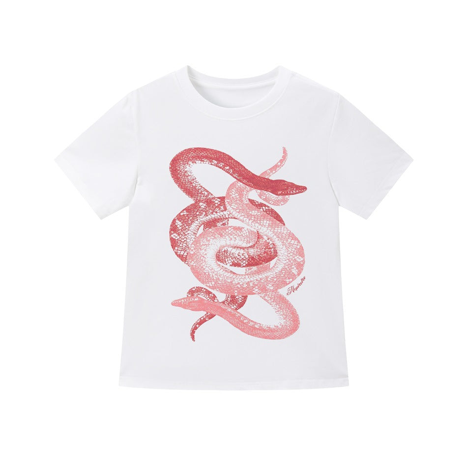 White short-sleeve crew-neck t-shirt with a large red and pink coiled snake graphic on the front