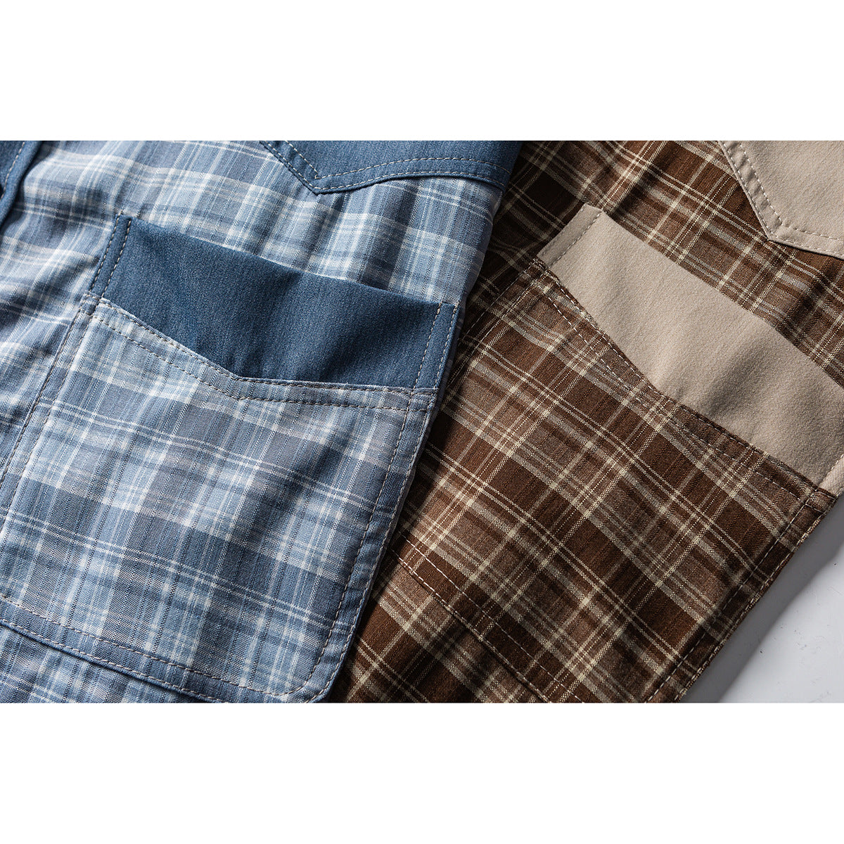 Close-up of blue and brown plaid shirt fronts, showing contrasting panels and large chest pockets.