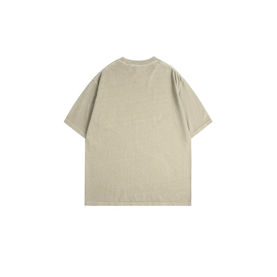 Plain beige short-sleeve crew-neck T-shirt shown from the back.