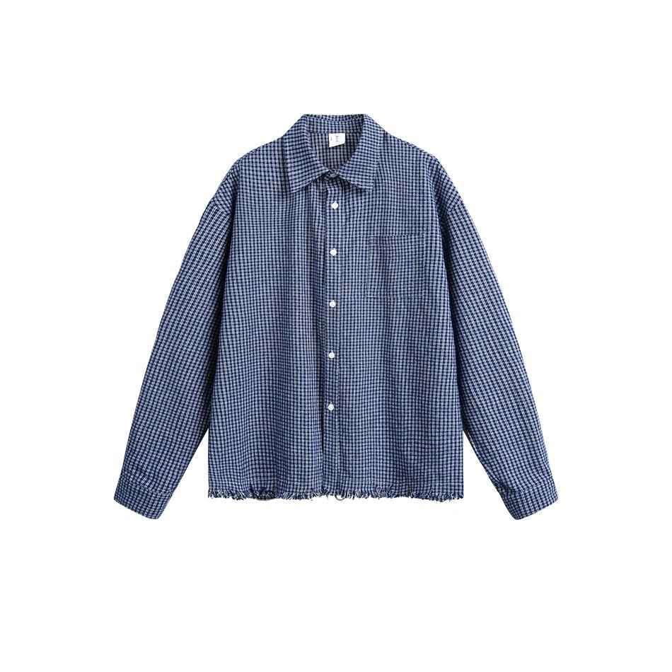 Blue and white small-check long-sleeve button-up shirt with chest pocket and frayed hem, flat lay on white