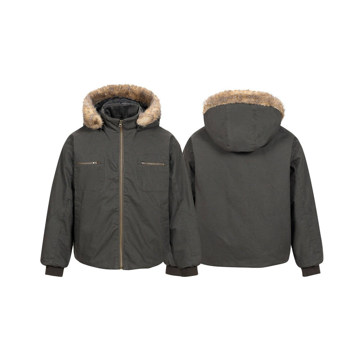 Charcoal hooded jacket shown from the front and back, with tan fur trim, zippered chest pockets, and rib-knit cuffs.
