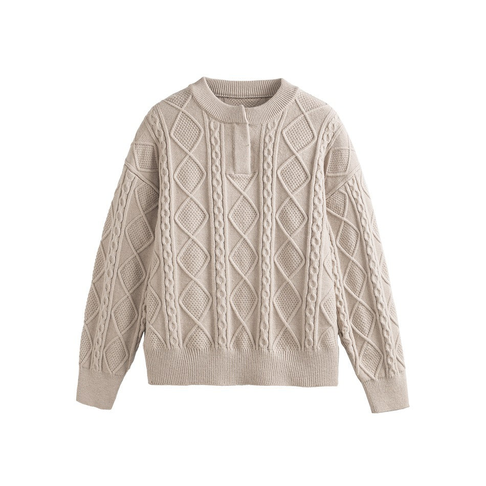 Apricot cable-knit pullover sweater with diamond pattern, ribbed crew neck and short placket, flat lay front view