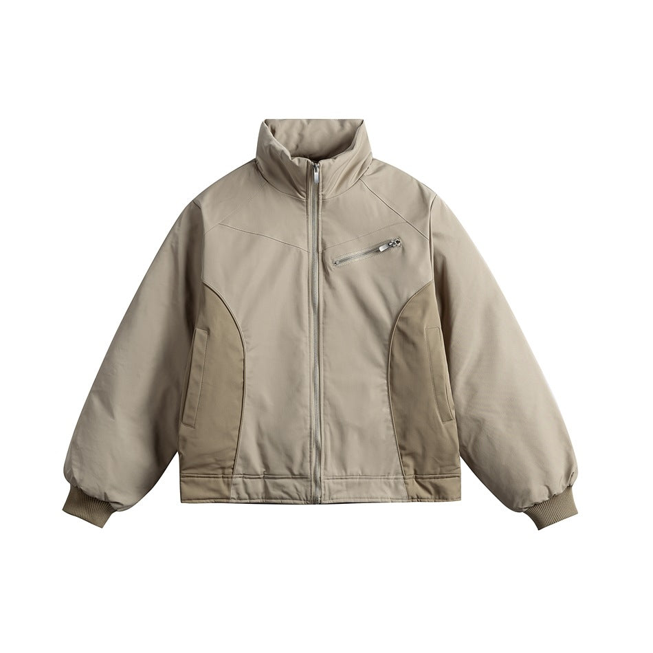 Khaki padded stand-collar jacket with front zipper, chest zip pocket and darker side panels, flat front view