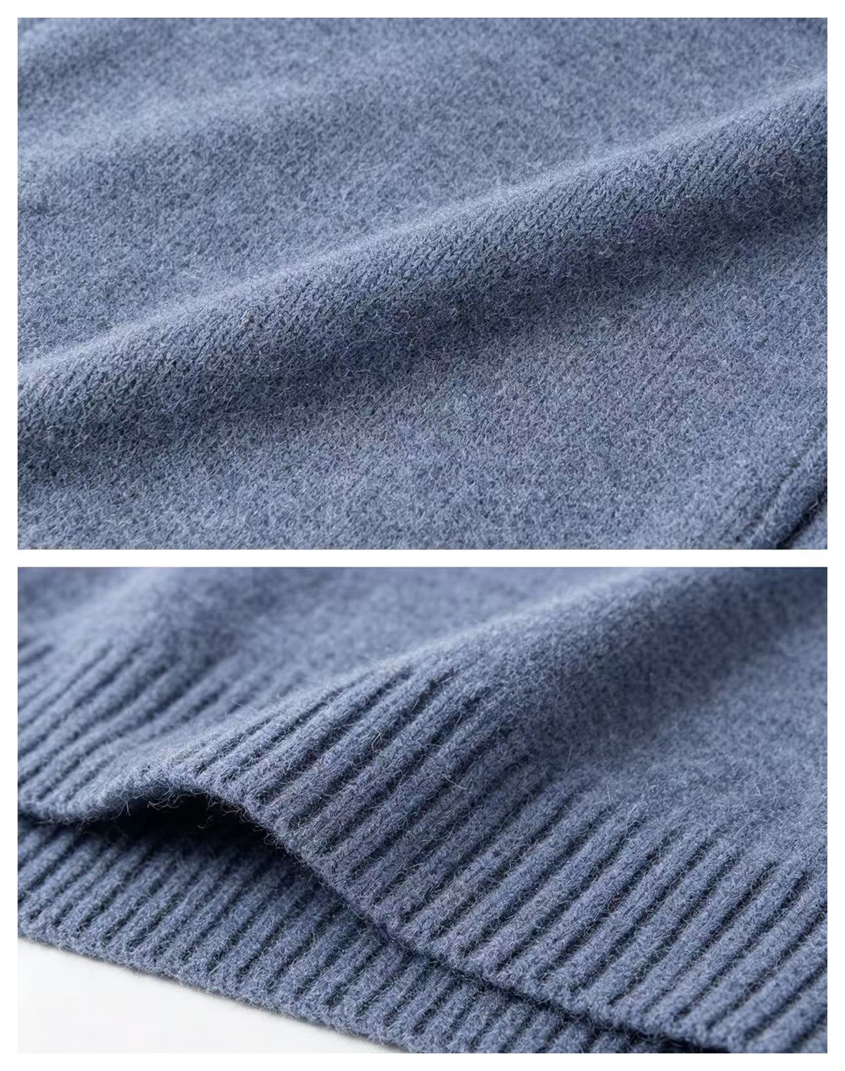 Close-up views of the blue-gray sweater's knit texture and ribbed edge.