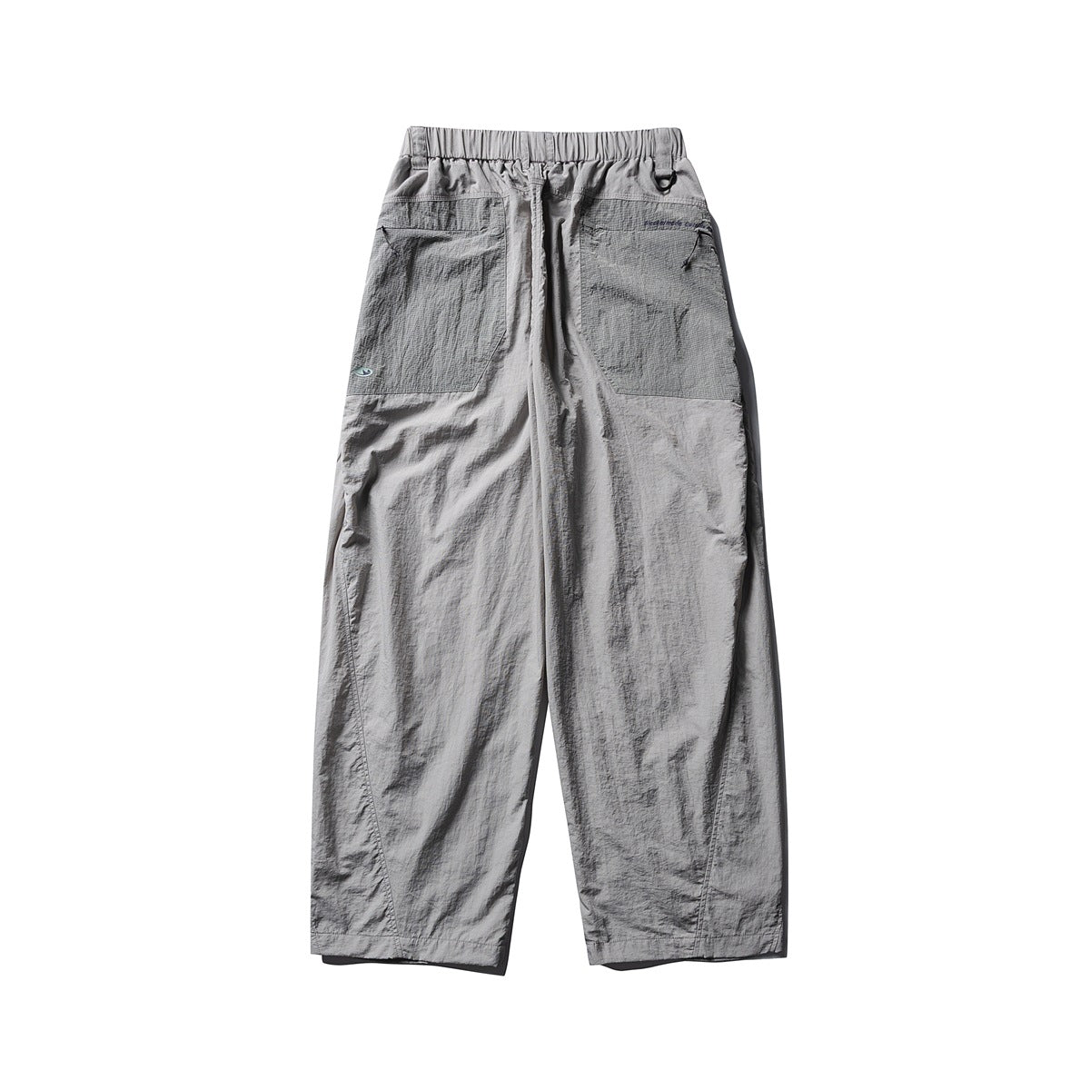 Back view of light gray, relaxed straight-leg pants with an elastic waistband and large patch pockets.