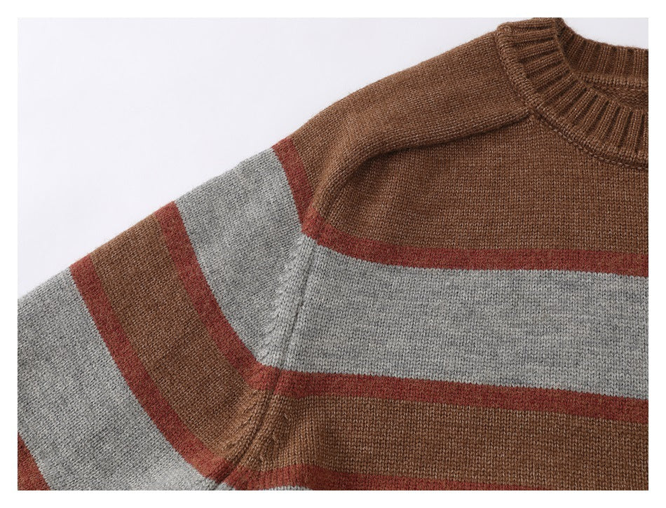 Close-up of a brown, gray, and rust striped knit sweater showing the ribbed collar and shoulder.