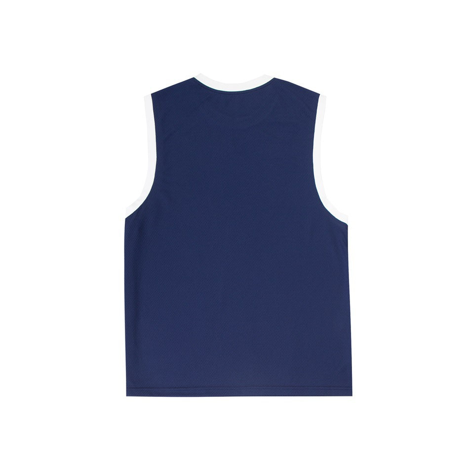 Back view of a navy sleeveless jersey top with white trim at the neck and armholes, laid flat.