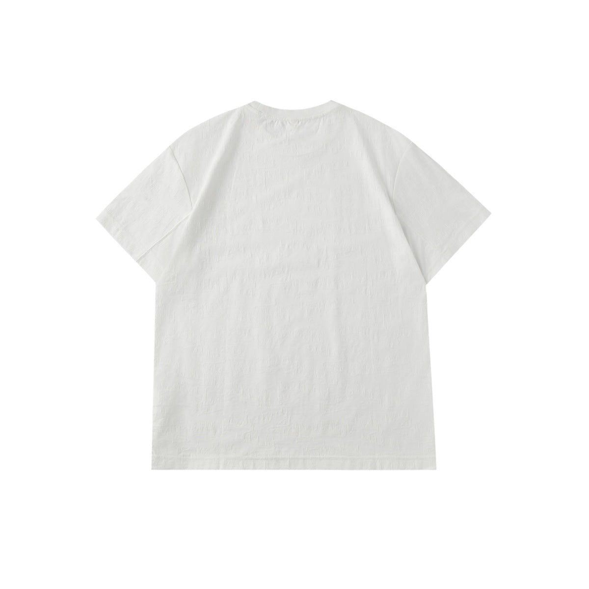 Back view of a plain white short-sleeve crew-neck T-shirt with a subtle textured surface.