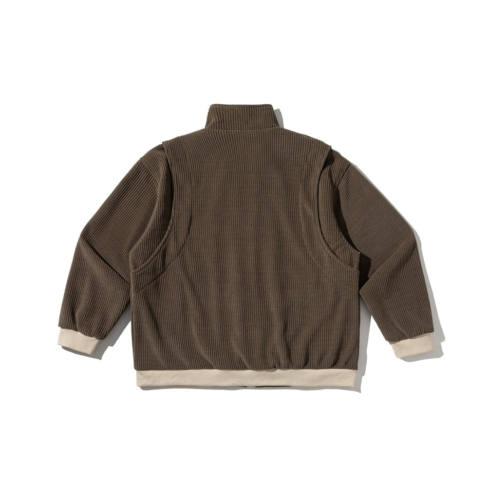 Back view of a taupe ribbed zip-up jacket with cream cuffs and hem.