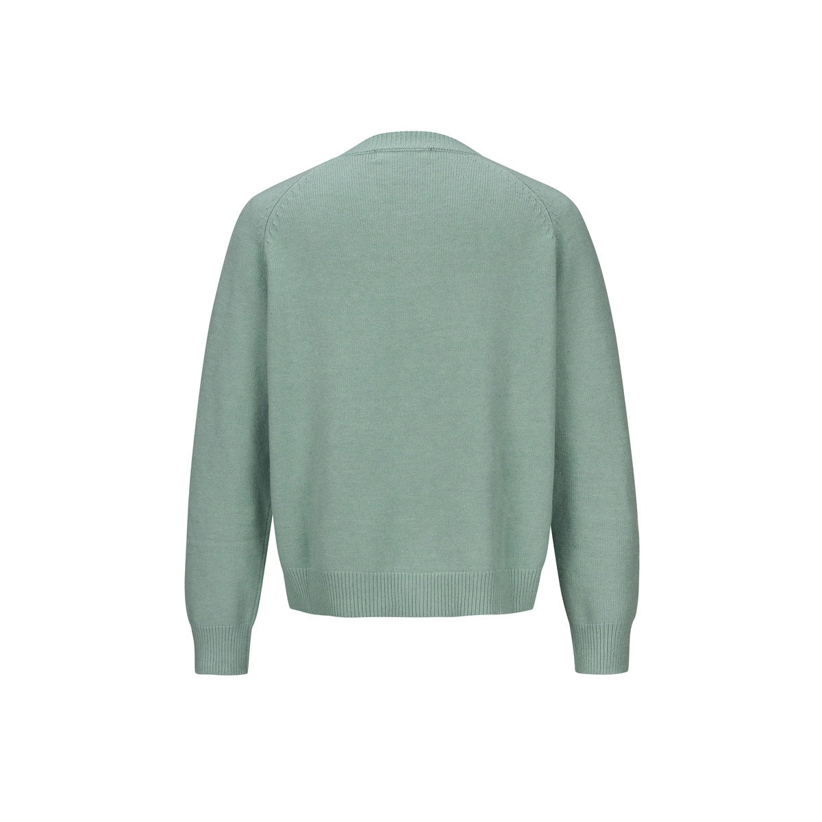Back view of a pale mint-green knit cardigan with long sleeves, ribbed cuffs, and hem.