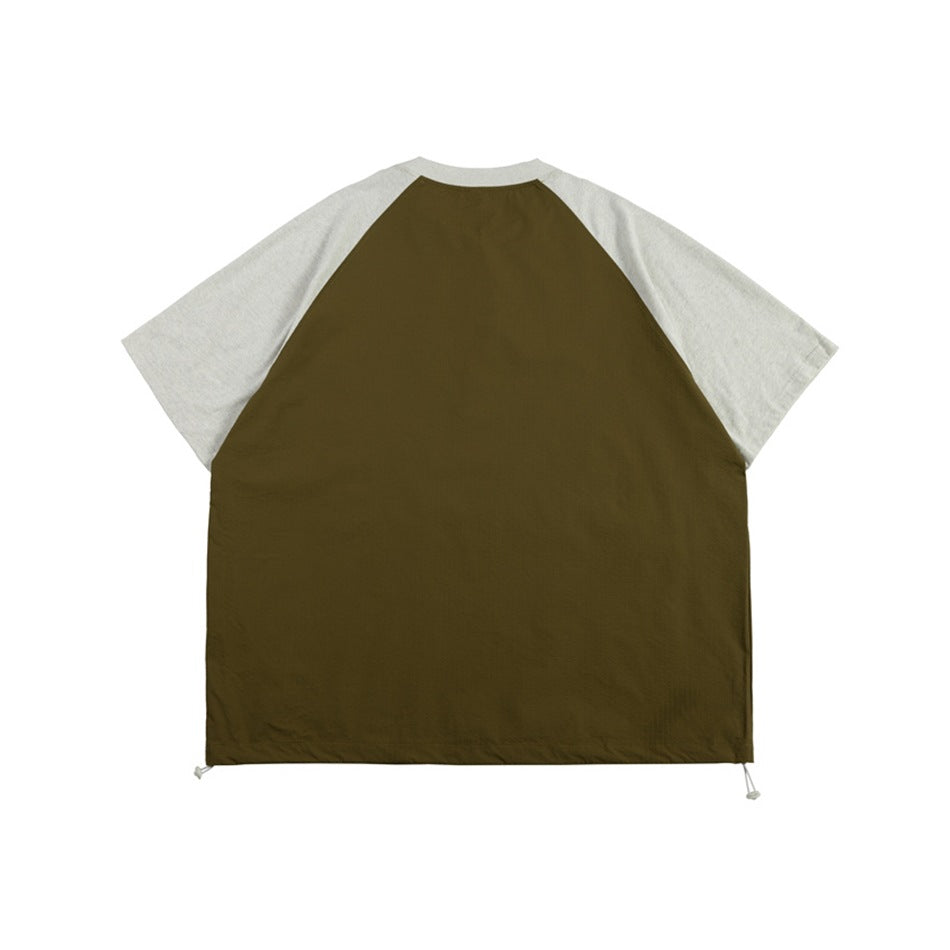 Back view of olive green raglan T-shirt with light gray sleeves and drawcord hem