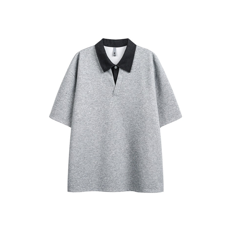 Heather gray short-sleeve polo top with dark charcoal collar and V placket, flat front view