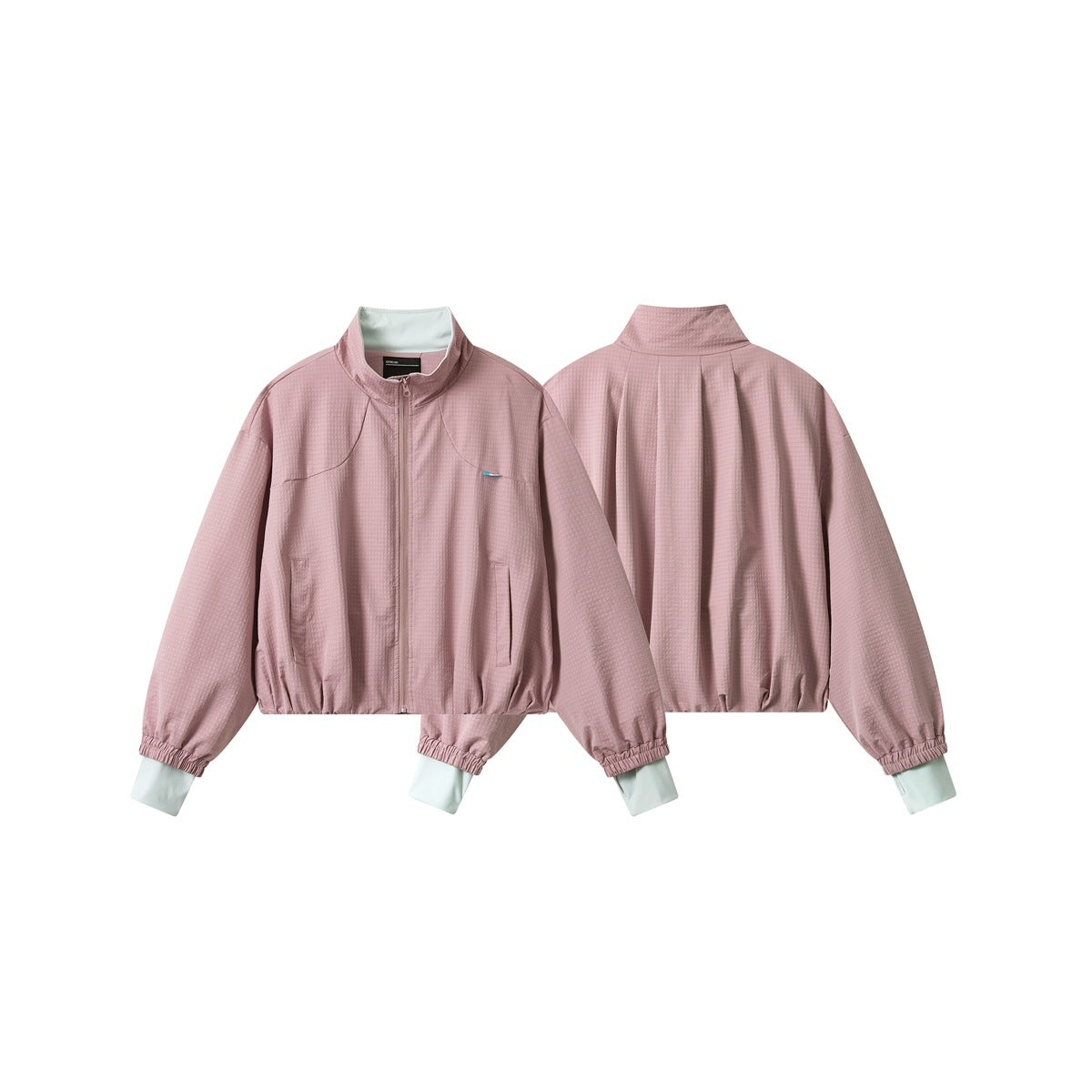 Dusty mauve zip-front jacket shown from the front and back, with a stand collar, pockets, and pale blue cuffs.