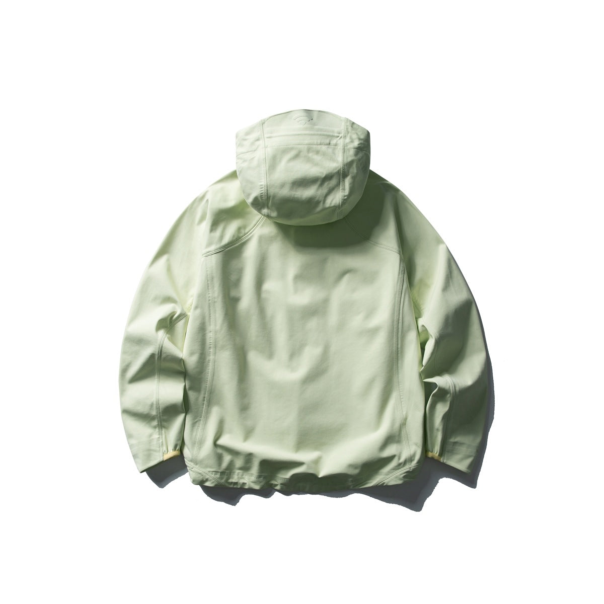 Back view of a pale green hooded jacket with paneled seams and a fitted hood on a white background