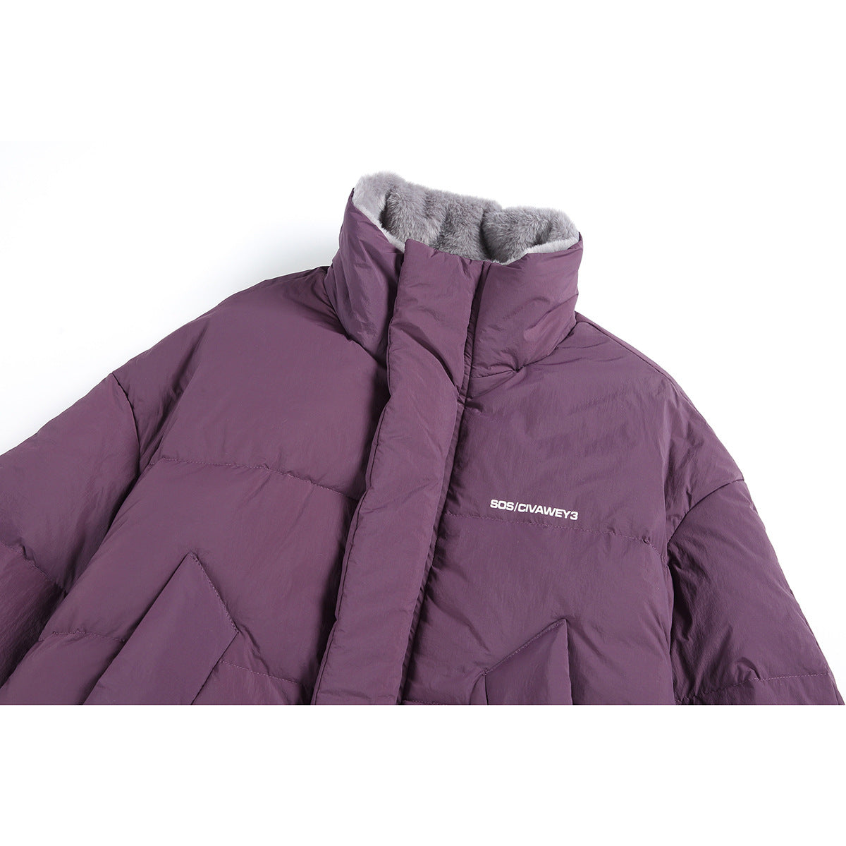 Upper front of a plum padded jacket with a tall collar, gray plush lining, covered closure, and chest lettering.