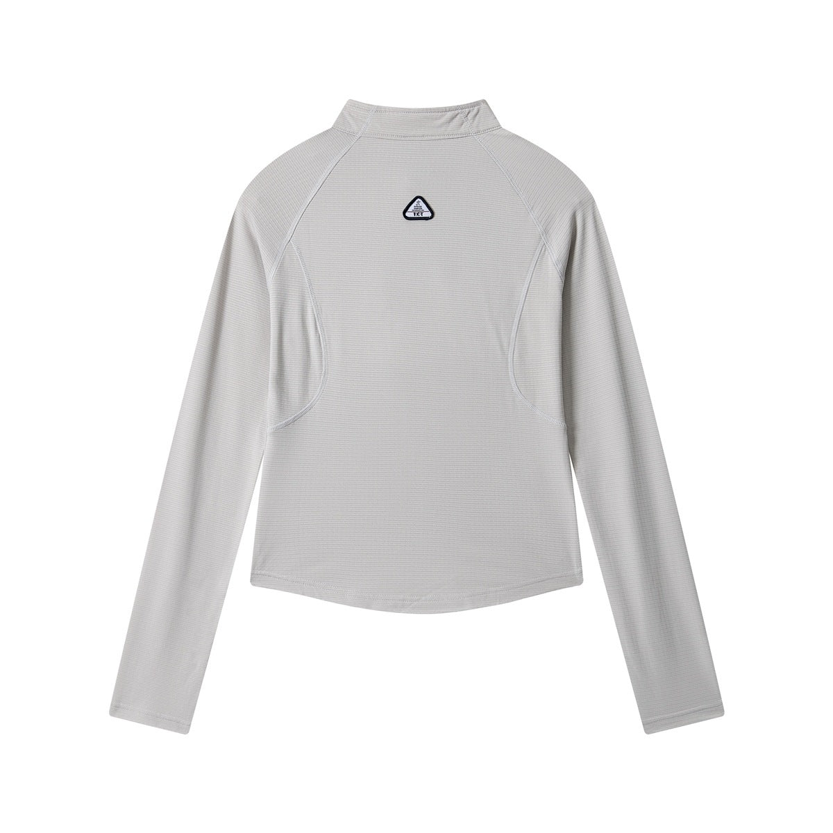 Back view of a light gray long-sleeve jacket with a stand collar and triangular upper-back patch.