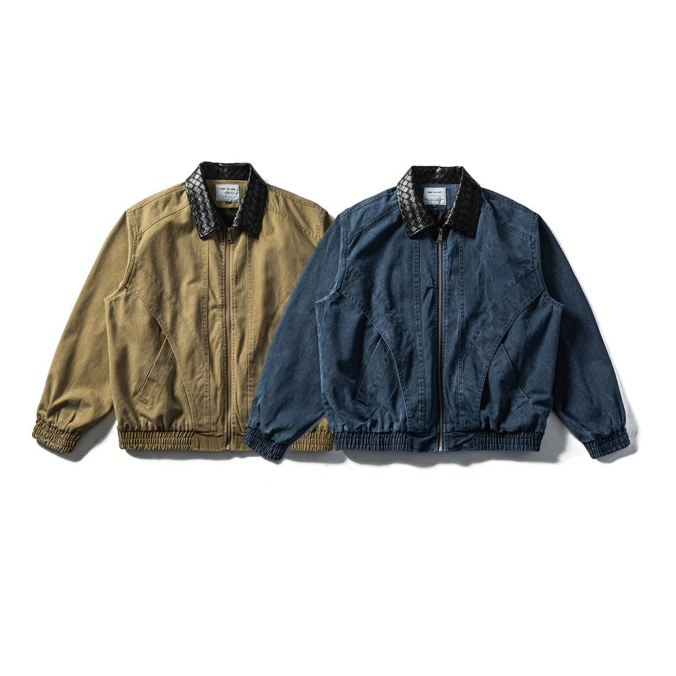 Front view of tan and dark blue zip-front jackets with black woven-texture collars and gathered hems.