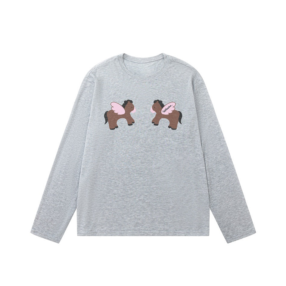 Heathered gray long-sleeve crew neck top with two mirrored brown winged ponies printed on the chest