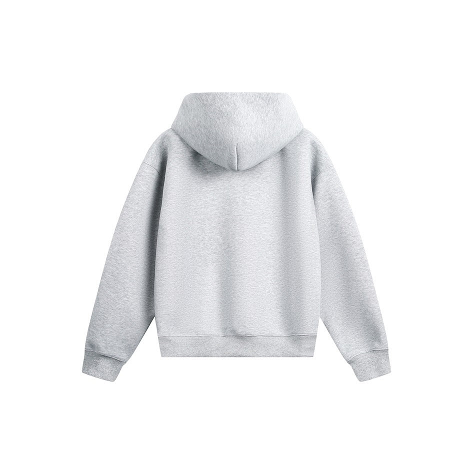 Back view of a light gray pullover hoodie with a hood, long sleeves, ribbed cuffs and hem.