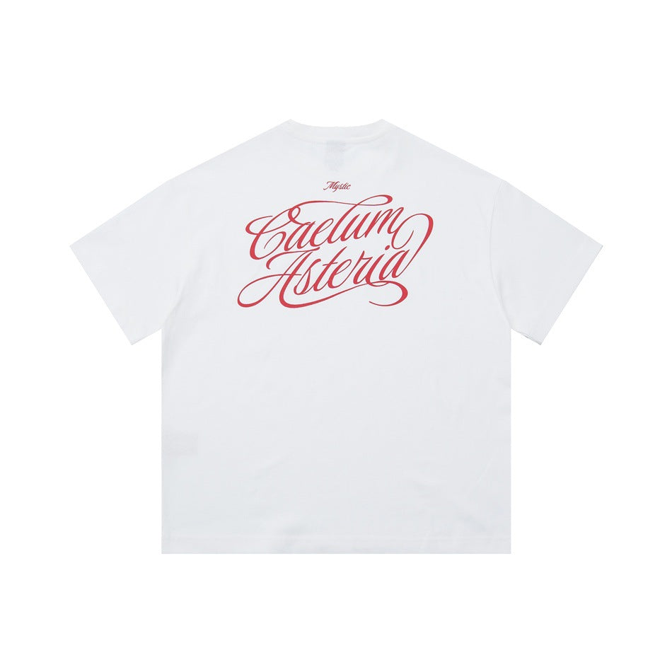 White short-sleeve T-shirt back with large red script 'Caelum Asteria' graphic and small 'Mystic' text