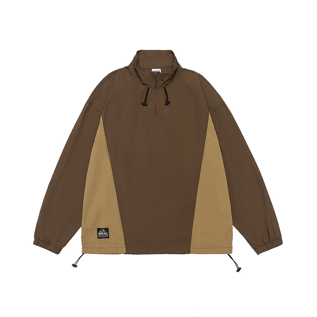 Brown half-zip pullover jacket with tan side panels, stand collar, drawcords and elastic cuffs, flat front view