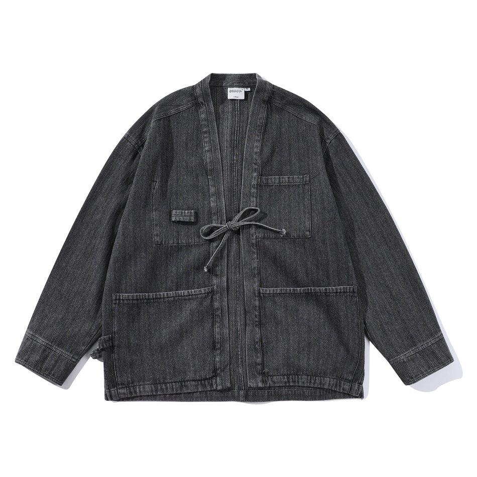 Black washed denim kimono-style jacket flat lay with open front, tie cord and patch pockets