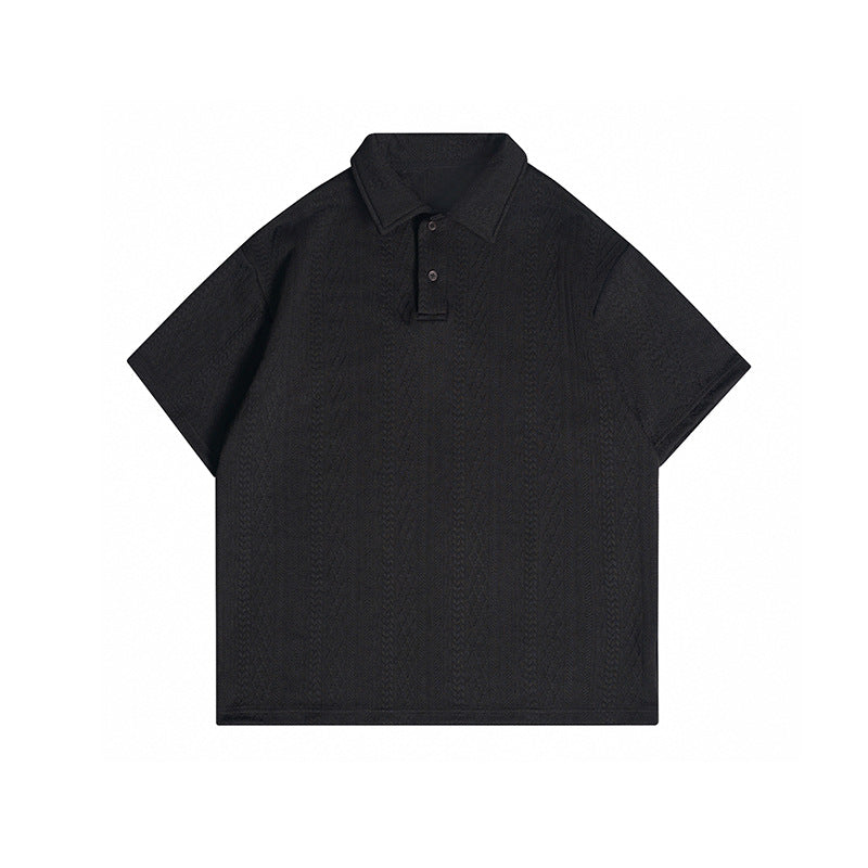 Black short-sleeve polo shirt with textured cable jacquard pattern, flat front view