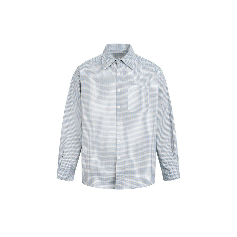 Light blue and white fine-check long-sleeve button-up shirt with chest pocket, front view on white background