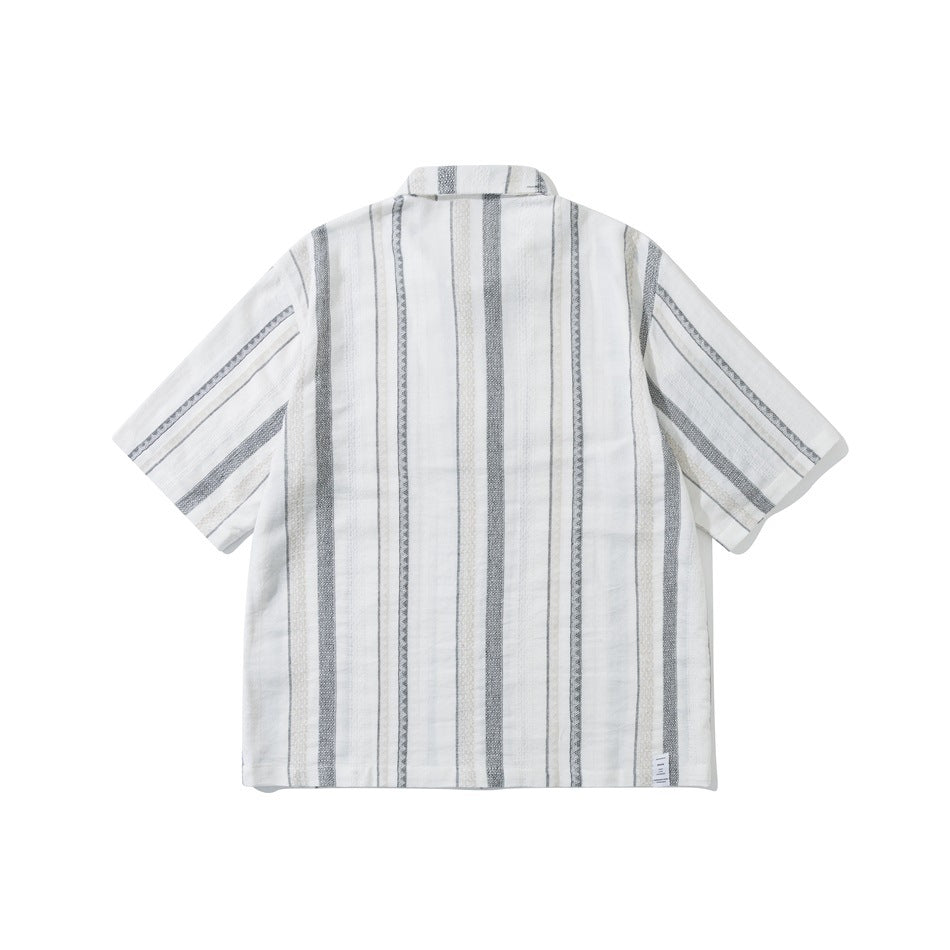 Back view of a white short-sleeve shirt with vertical gray and beige stripes.