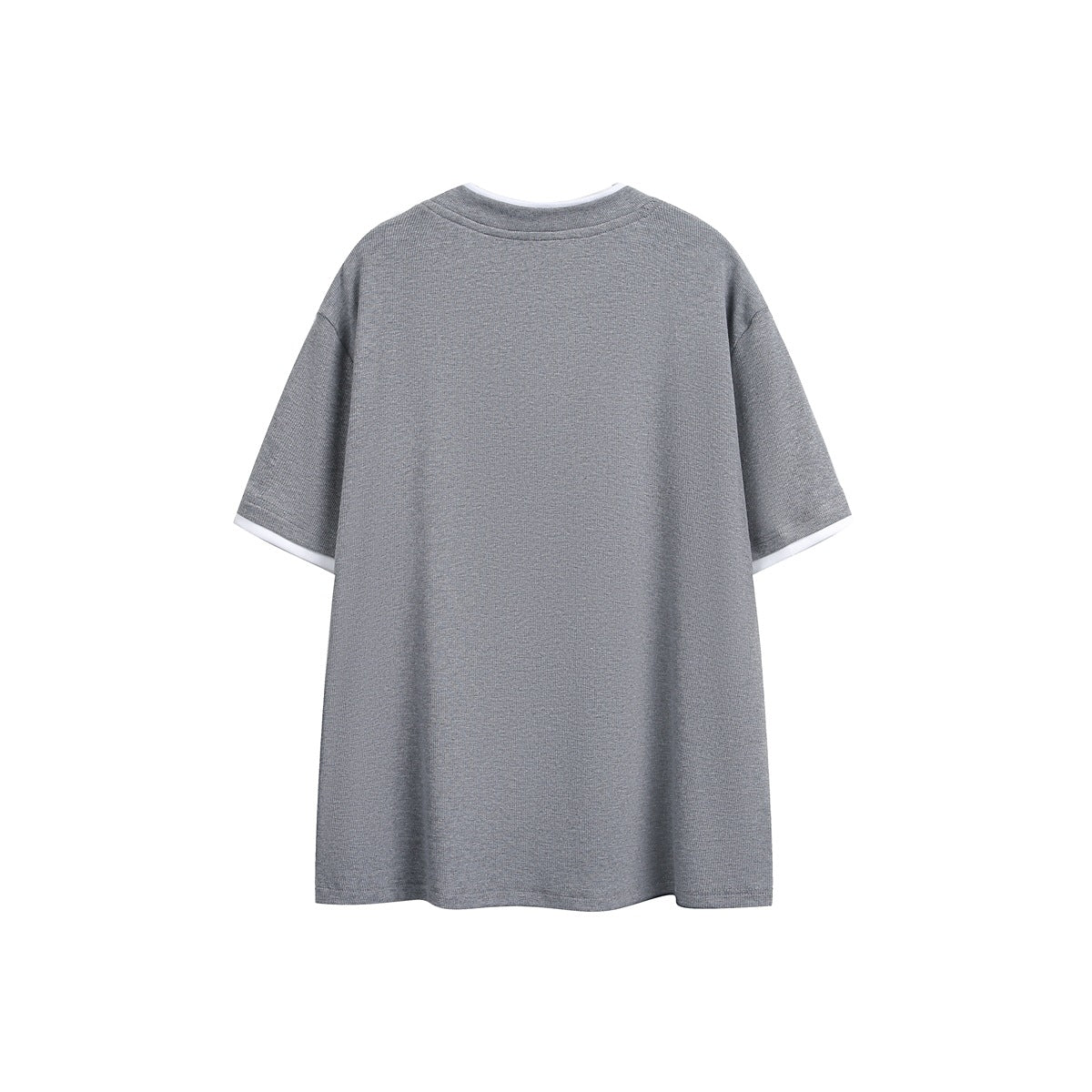 Gray short-sleeve crew-neck T-shirt shown flat against white, with white trim at the neckline and sleeve edges.